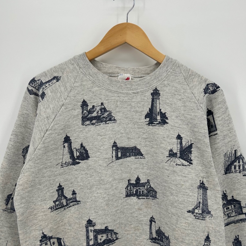 Vintage 90s Jerzees AOP Lighthouse Sweatshirt Gray Made in USA Large